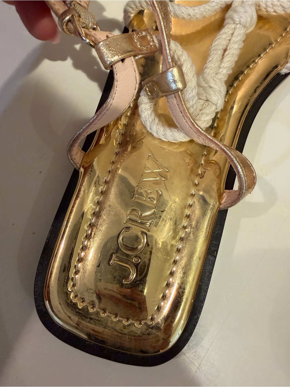 J. Crew Gold Metallic Footbed White Rope T-Strap Sandals - Picture 3 of 6